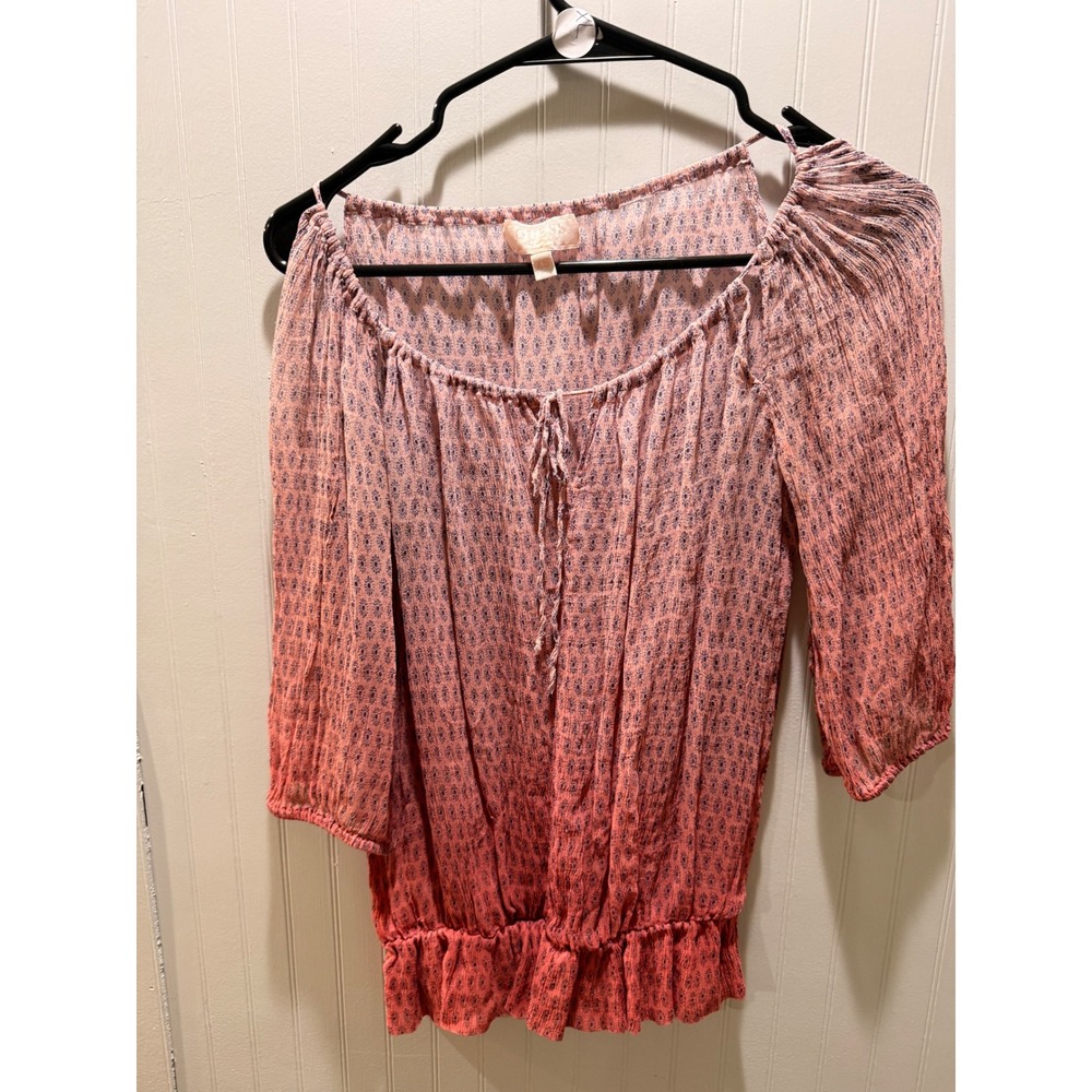 Guess Los Angeles Ombre Medallion Peasant Blouse‎ Cold Shoulder Pink Purple XS